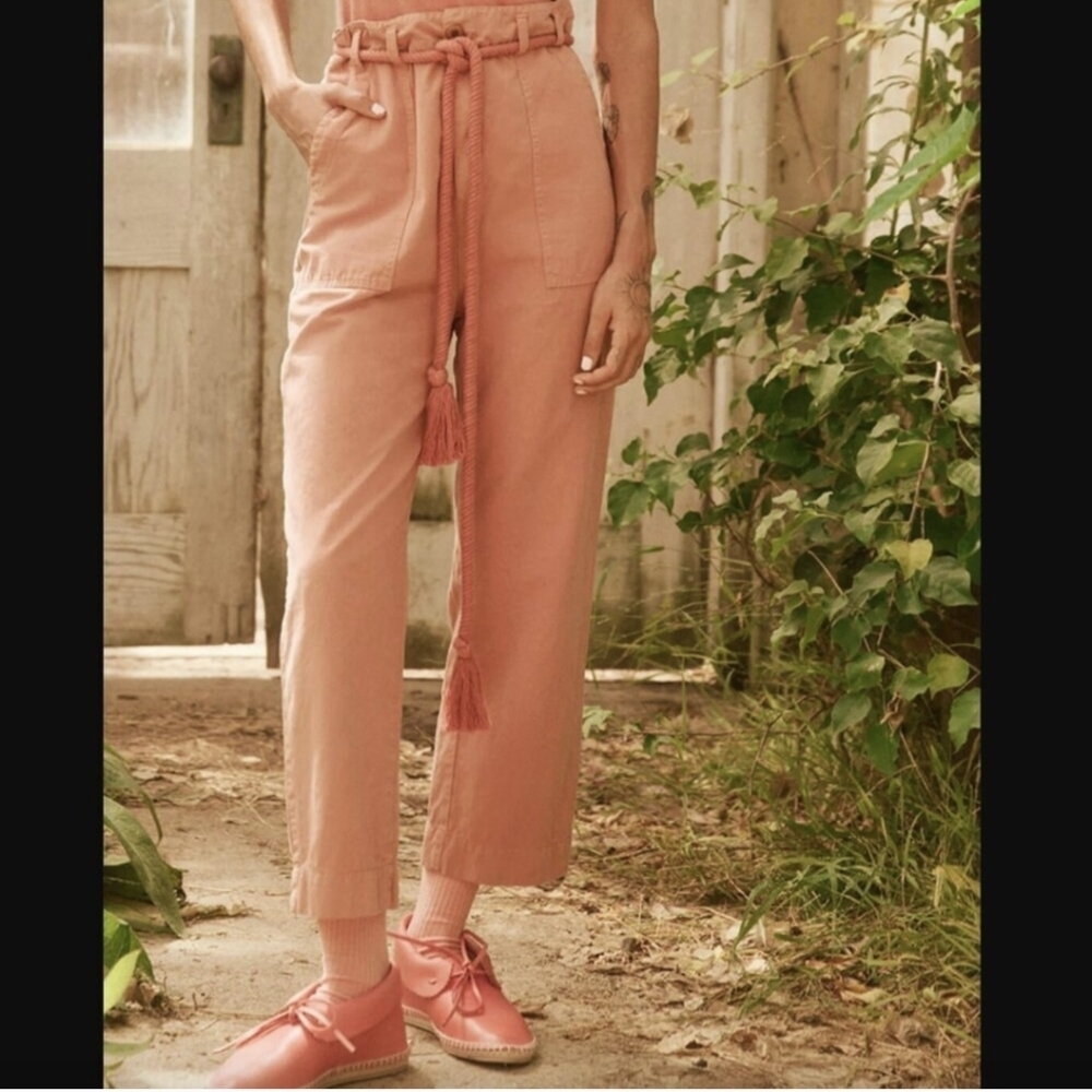 The Great Voyager High Rise Cropped Belted Straight Leg Cotton Coral Pant 27 NWT